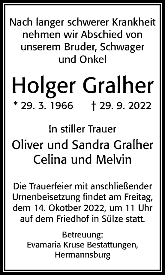 Traueranzeige von Holger Gralher von Cellesche Zeitung