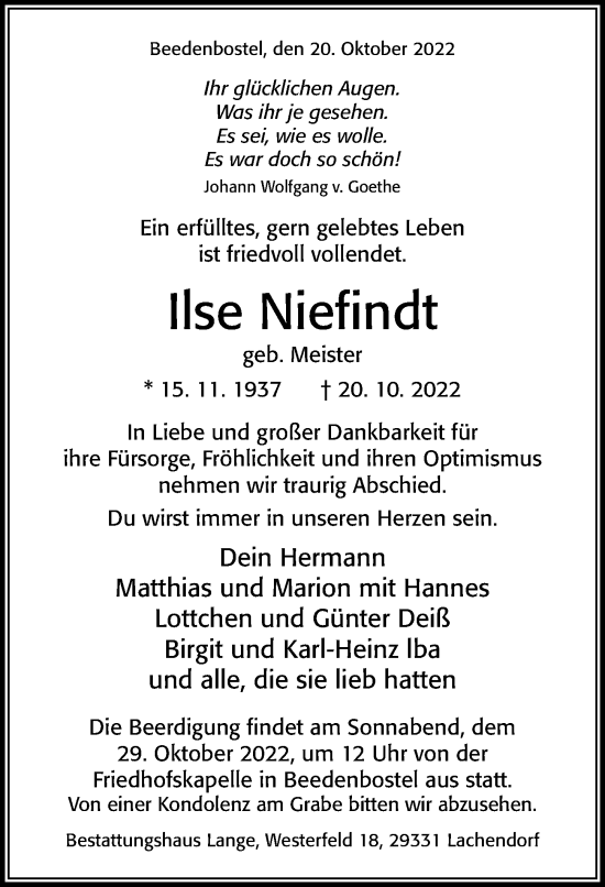 Traueranzeige von Ilse Niefindt von Cellesche Zeitung