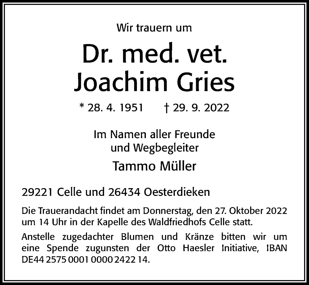  Traueranzeige für Joachim Gries vom 15.10.2022 aus Cellesche Zeitung