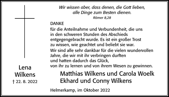 Traueranzeige von Lena Wilkens von Cellesche Zeitung