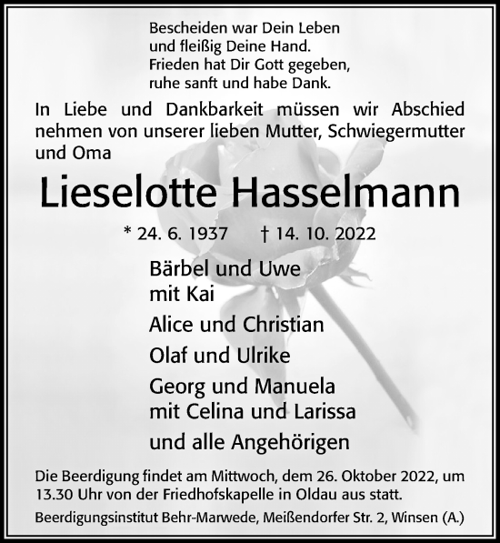 Traueranzeige von Lieselotte Hasselmann von Cellesche Zeitung