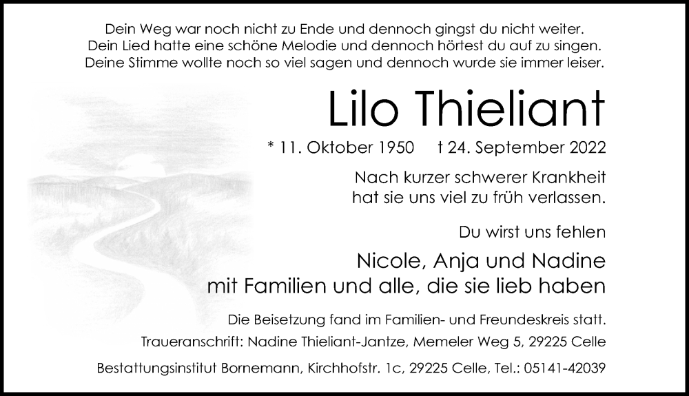  Traueranzeige für Lilo Thieliant vom 01.10.2022 aus Cellesche Zeitung