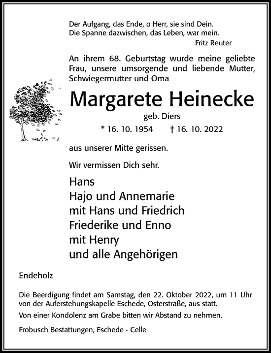 Traueranzeige von Margarete Heinecke von Cellesche Zeitung