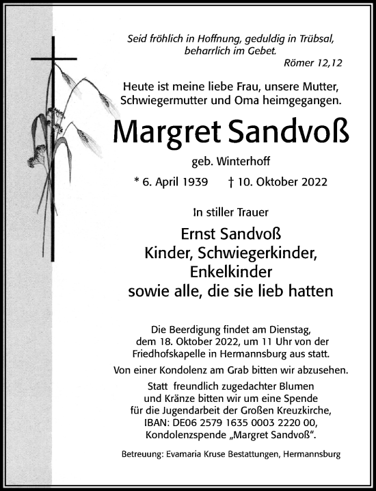 Traueranzeige von Margret Sandvoß von Cellesche Zeitung