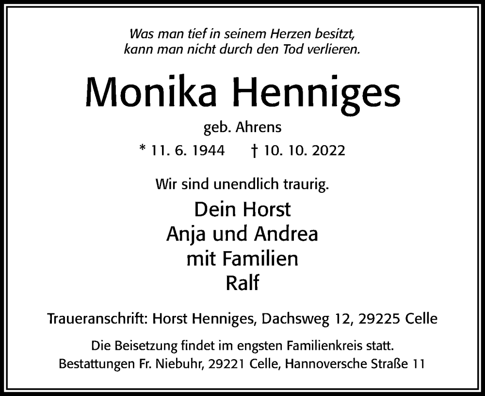  Traueranzeige für Monika Henniges vom 22.10.2022 aus Cellesche Zeitung