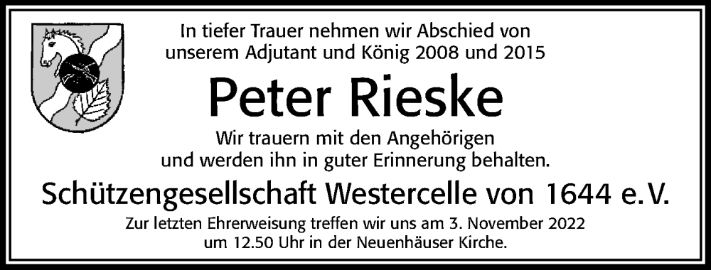  Traueranzeige für Peter Rieske vom 29.10.2022 aus Cellesche Zeitung