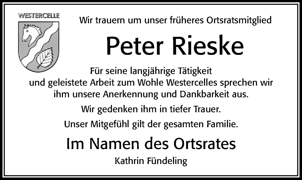  Traueranzeige für Peter Rieske vom 29.10.2022 aus Cellesche Zeitung