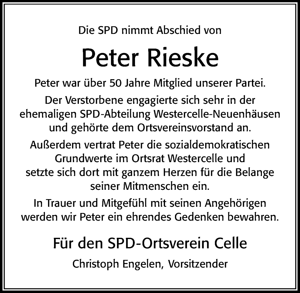  Traueranzeige für Peter Rieske vom 29.10.2022 aus Cellesche Zeitung