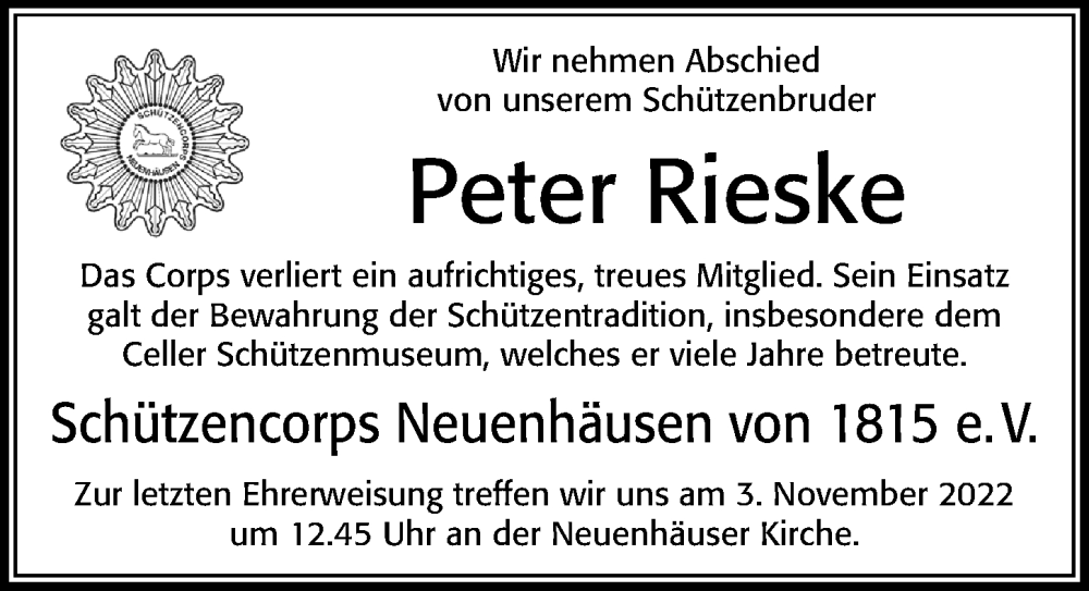  Traueranzeige für Peter Rieske vom 29.10.2022 aus Cellesche Zeitung