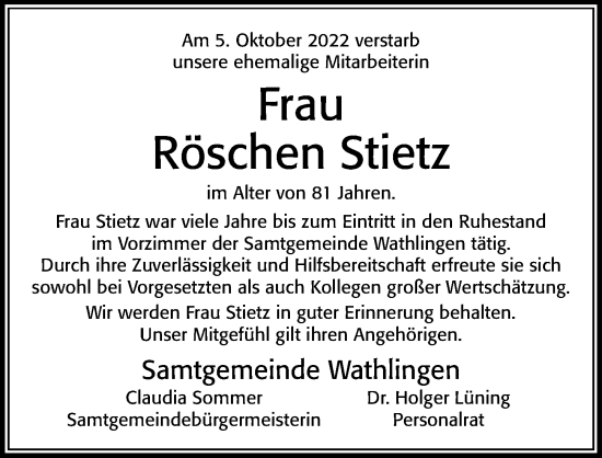 Traueranzeige von Röschen Stietz von Cellesche Zeitung