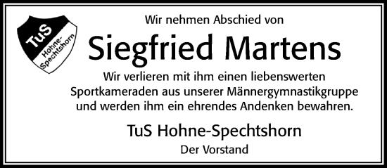 Traueranzeige von Siegfried Martens von Cellesche Zeitung