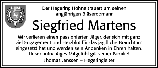 Traueranzeige von Siegfried Martens von Cellesche Zeitung