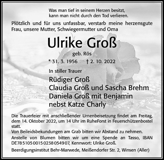 Traueranzeige von Ulrike Groß von Cellesche Zeitung