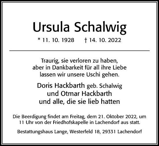Traueranzeige von Ursula Schalwig von Cellesche Zeitung