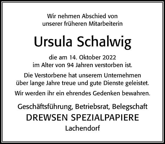 Traueranzeige von Ursula Schalwig von Cellesche Zeitung