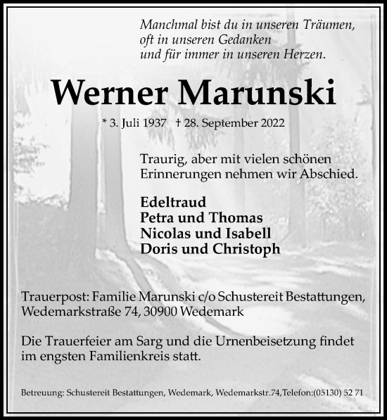 Traueranzeige von Werner Marunski von Cellesche Zeitung