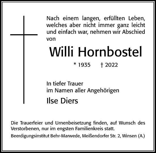 Traueranzeige von Willi Hornbostel von Cellesche Zeitung