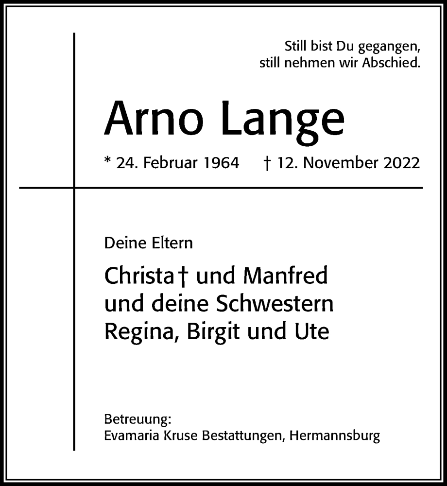  Traueranzeige für Arno Lange vom 23.11.2022 aus Cellesche Zeitung