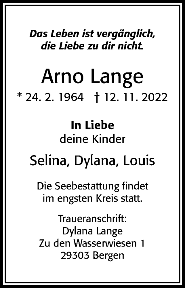  Traueranzeige für Arno Lange vom 19.11.2022 aus Cellesche Zeitung