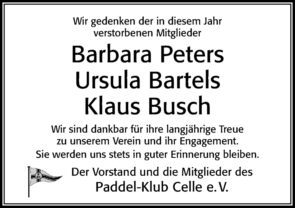  Traueranzeige für Barbara Peters vom 19.11.2022 aus Cellesche Zeitung