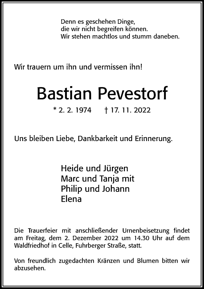  Traueranzeige für Bastian Pevestorf vom 26.11.2022 aus Cellesche Zeitung