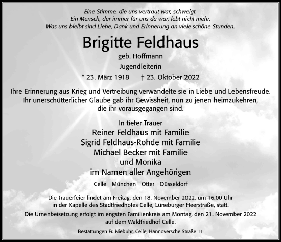 Traueranzeige von Brigitte Feldhaus von Cellesche Zeitung