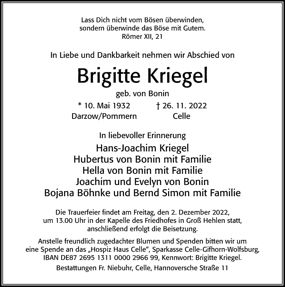  Traueranzeige für Brigitte Kriegel vom 30.11.2022 aus Cellesche Zeitung