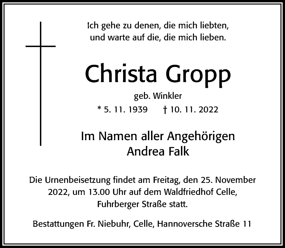  Traueranzeige für Christa Gropp vom 19.11.2022 aus Cellesche Zeitung