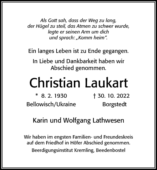 Traueranzeige von Christian Laukart von Cellesche Zeitung