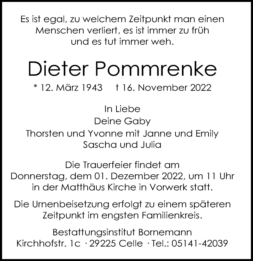  Traueranzeige für Dieter Pommrenke vom 26.11.2022 aus Cellesche Zeitung