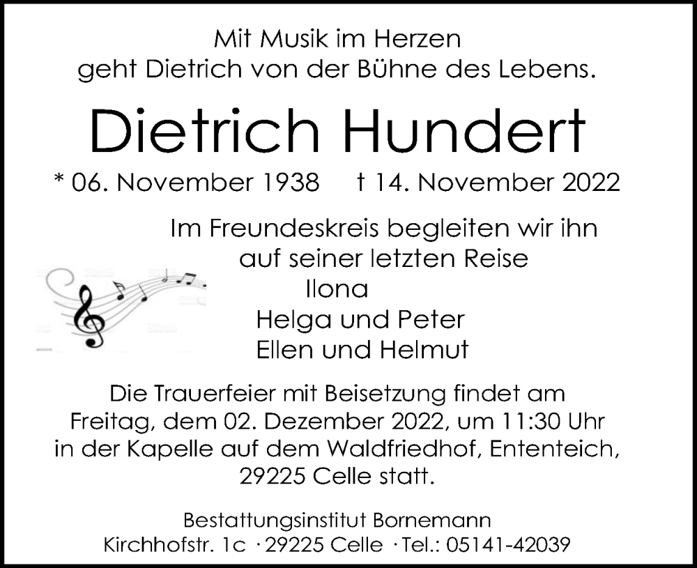  Traueranzeige für Dietrich Hundert vom 26.11.2022 aus Cellesche Zeitung