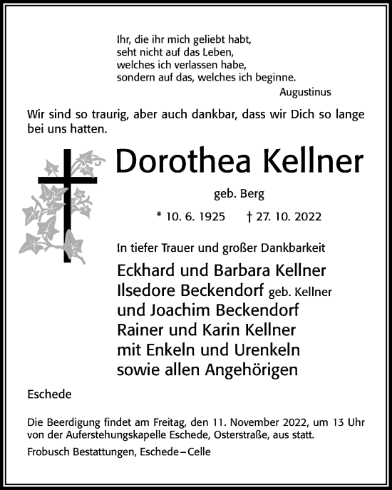 Traueranzeige von Dorothea Kellner von Cellesche Zeitung