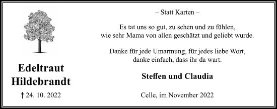 Traueranzeige von Edeltraut Hildebrandt von Cellesche Zeitung