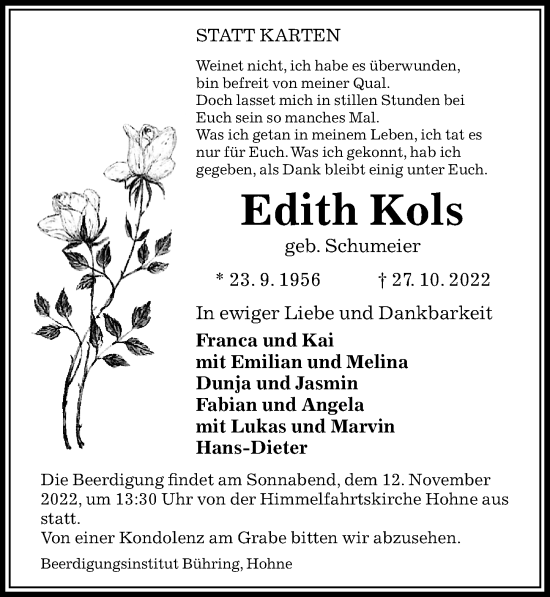 Traueranzeige von Edith Kols von Cellesche Zeitung
