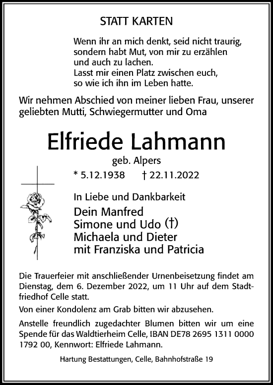 Traueranzeige von Elfriede Lahmann von Cellesche Zeitung