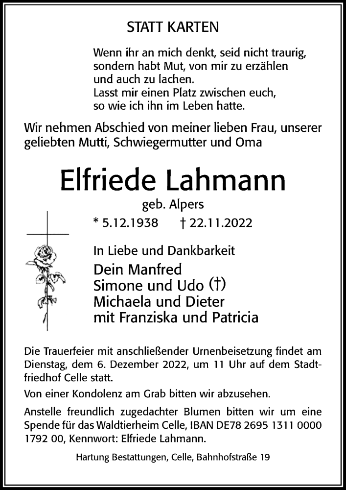  Traueranzeige für Elfriede Lahmann vom 26.11.2022 aus Cellesche Zeitung