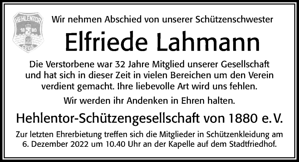  Traueranzeige für Elfriede Lahmann vom 26.11.2022 aus Cellesche Zeitung