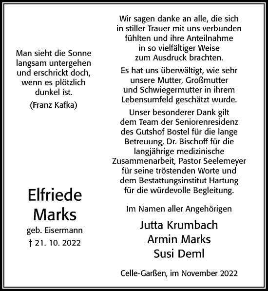 Traueranzeige von Elfriede Marks von Cellesche Zeitung