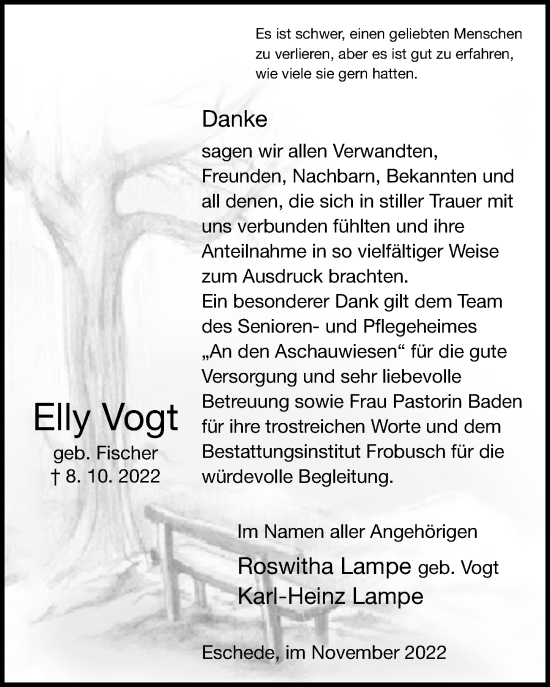 Traueranzeige von Elly Vogt von Cellesche Zeitung