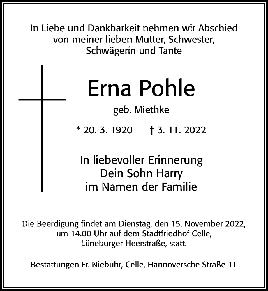  Traueranzeige für Erna Pohle vom 12.11.2022 aus Cellesche Zeitung