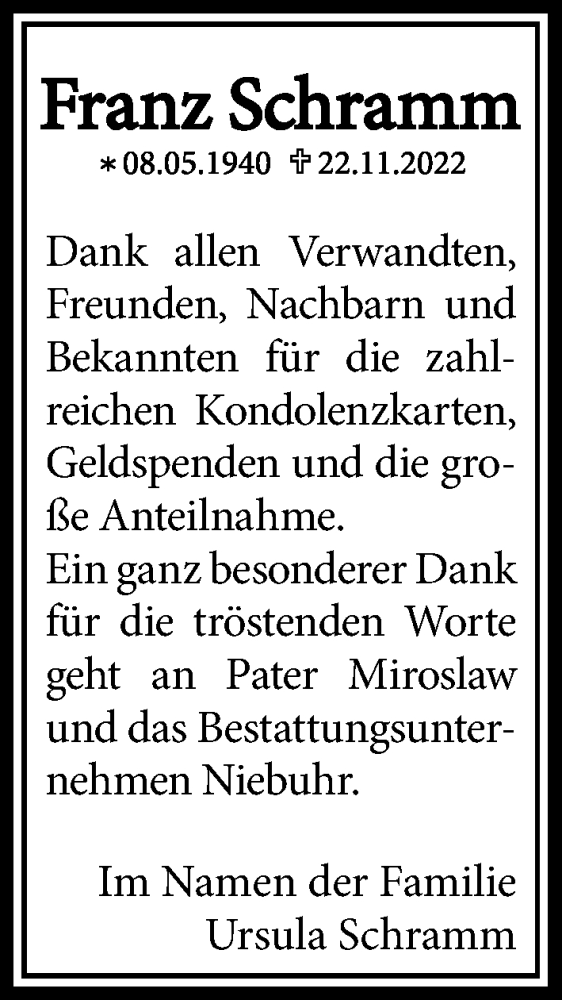  Traueranzeige für Franz Schramm vom 28.11.2022 aus Cellesche Zeitung