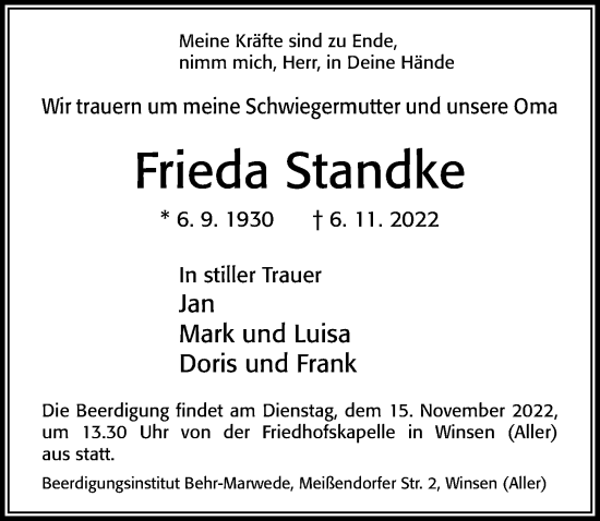 Traueranzeige von Frieda Standke von Cellesche Zeitung