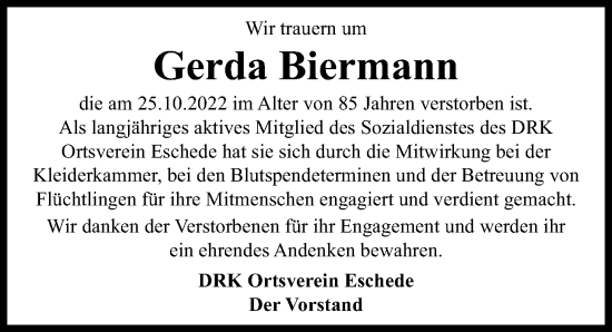 Traueranzeige von Gerda Biermann von Cellesche Zeitung