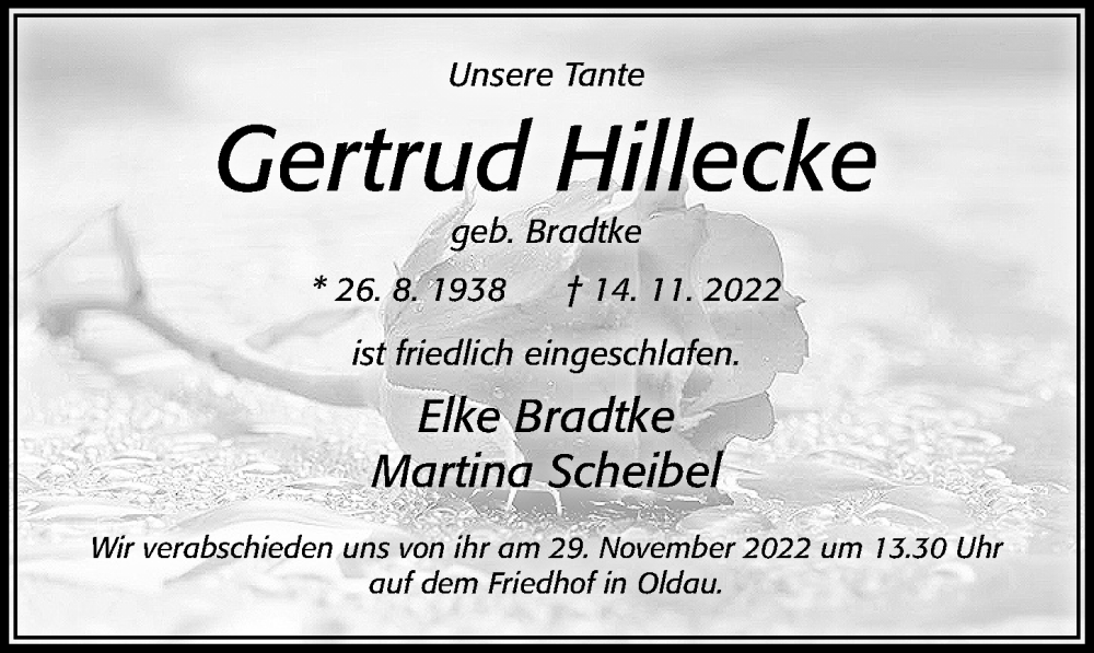  Traueranzeige für Gertrud Hillecke vom 26.11.2022 aus Cellesche Zeitung