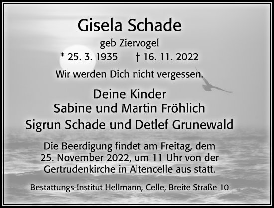 Traueranzeige von Gisela Schade von Cellesche Zeitung