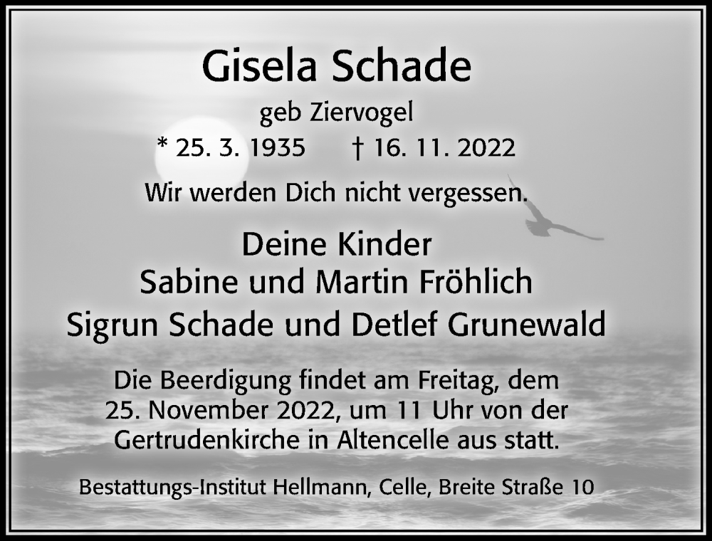  Traueranzeige für Gisela Schade vom 23.11.2022 aus Cellesche Zeitung