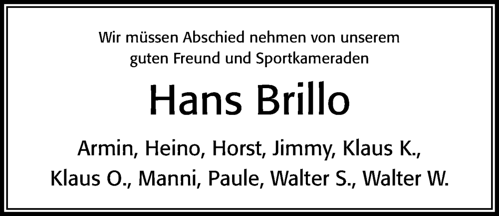  Traueranzeige für Hans Brillo vom 23.11.2022 aus Cellesche Zeitung