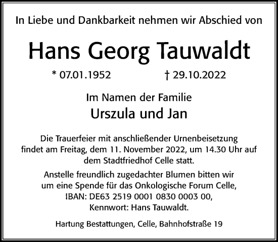 Traueranzeige von Hans Georg Tauwaldt von Cellesche Zeitung