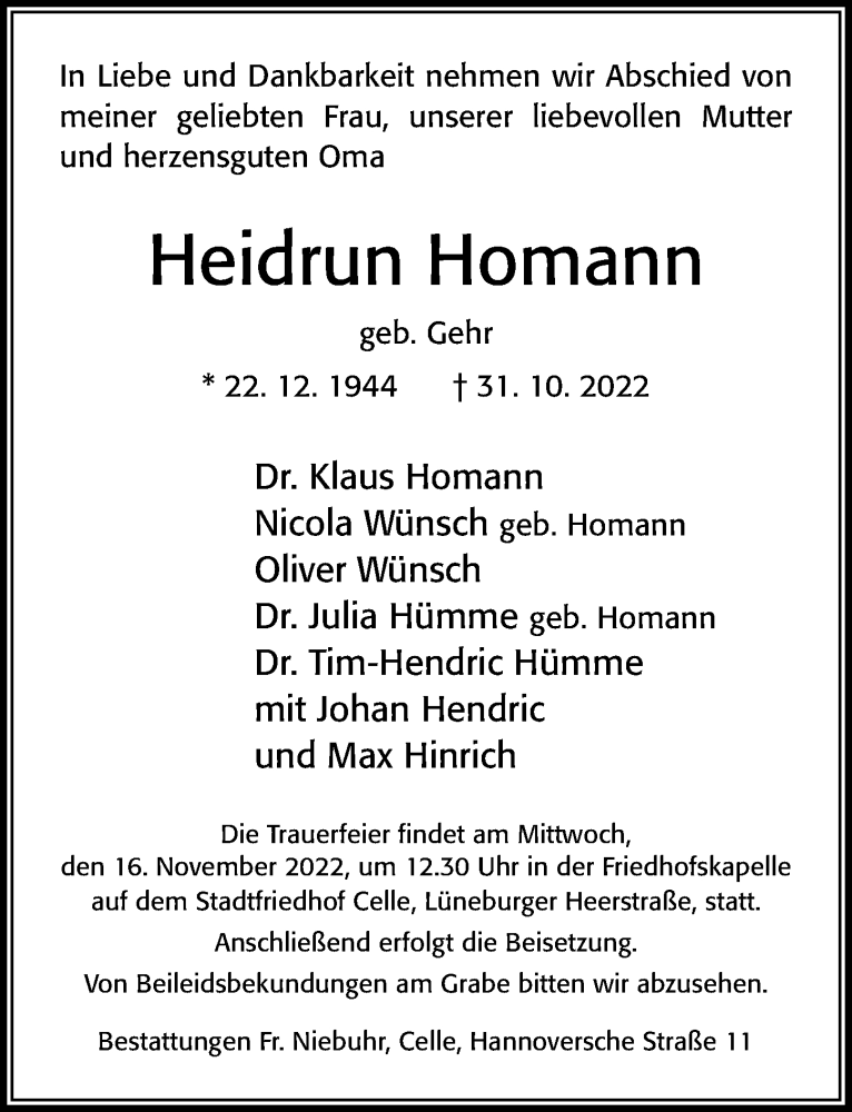  Traueranzeige für Heidrun Homann vom 05.11.2022 aus Cellesche Zeitung