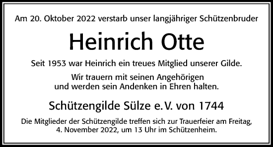 Traueranzeige von Heinrich Otte von Cellesche Zeitung